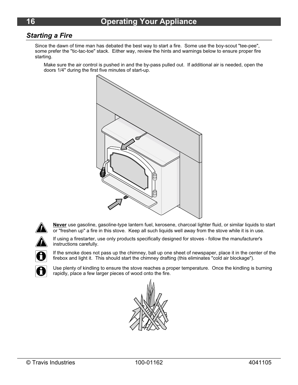 16 operating your appliance, Starting a fire | Lopi Freedom Fireplace Insert User Manual | Page 16 / 34