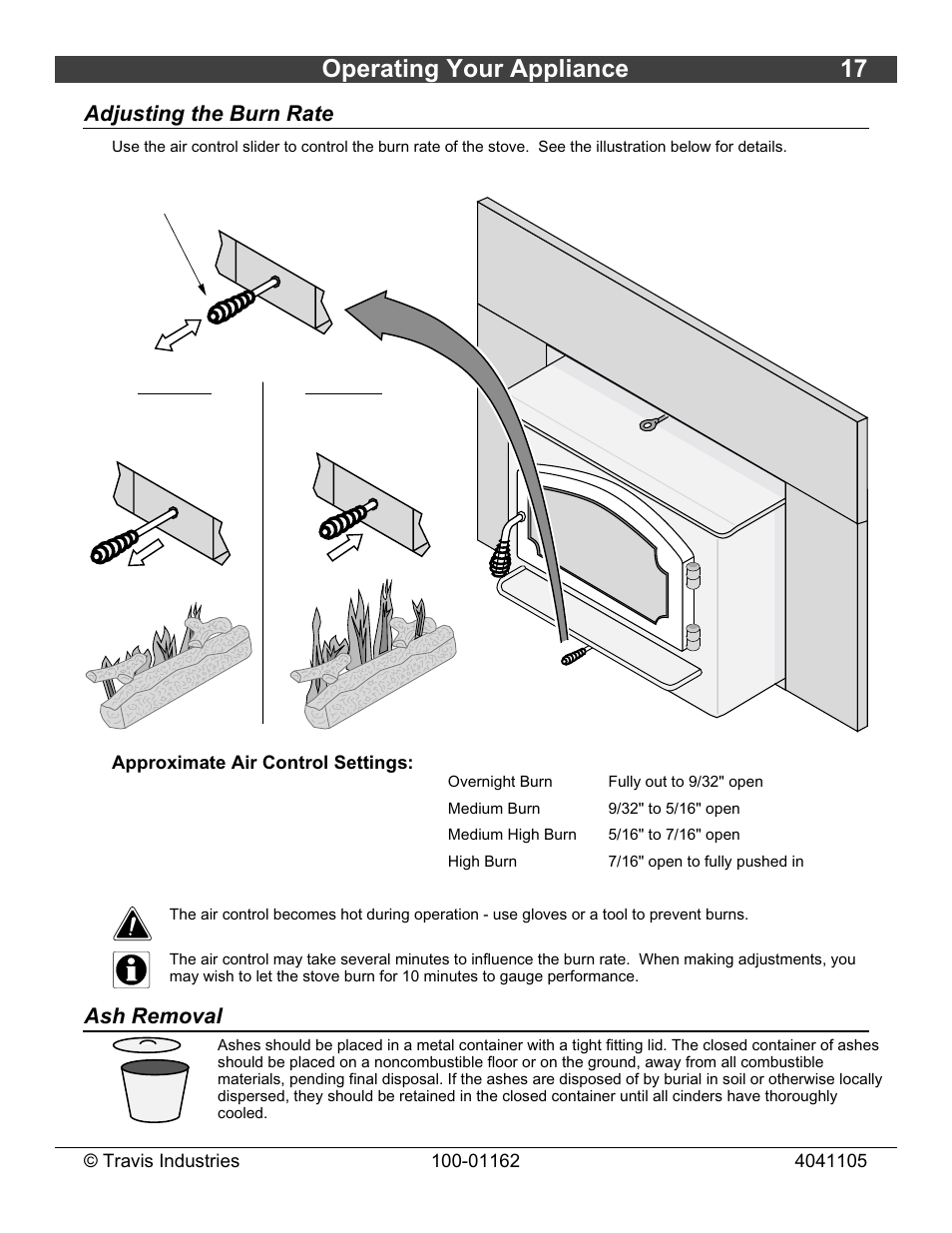 Operating your appliance 17, Adjusting the burn rate, Ash removal | Lopi Freedom Fireplace Insert User Manual | Page 17 / 34