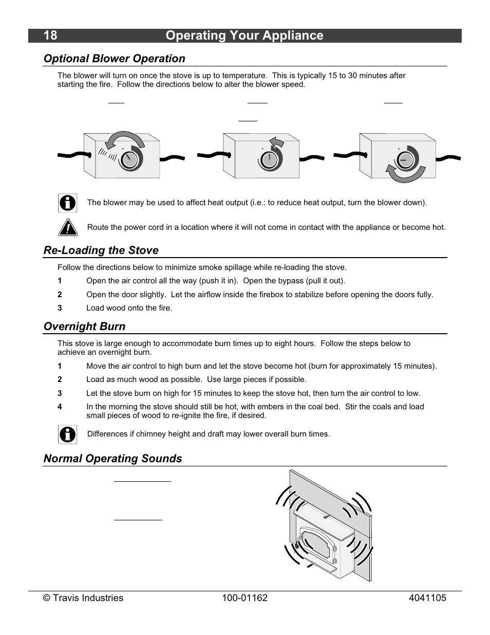 18 operating your appliance, Optional blower operation, Re-loading the stove | Overnight burn, Normal operating sounds | Lopi Freedom Fireplace Insert User Manual | Page 18 / 34