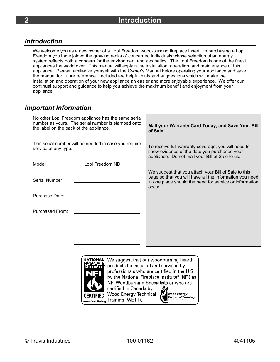 2introduction, Introduction, Important information | Lopi Freedom Fireplace Insert User Manual | Page 2 / 34