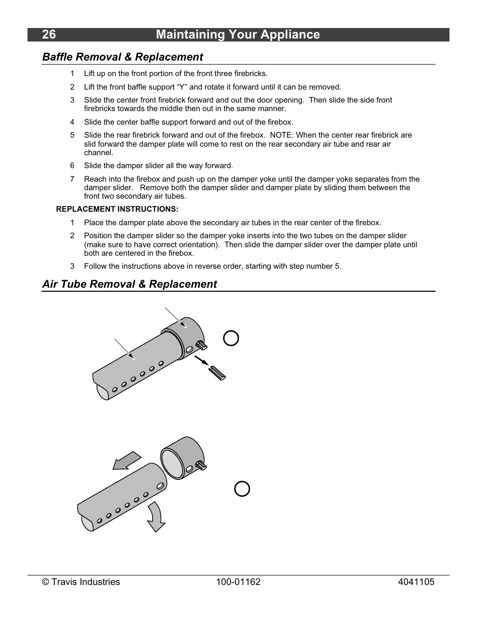 26 maintaining your appliance, Baffle removal & replacement, Air tube removal & replacement | Lopi Freedom Fireplace Insert User Manual | Page 26 / 34