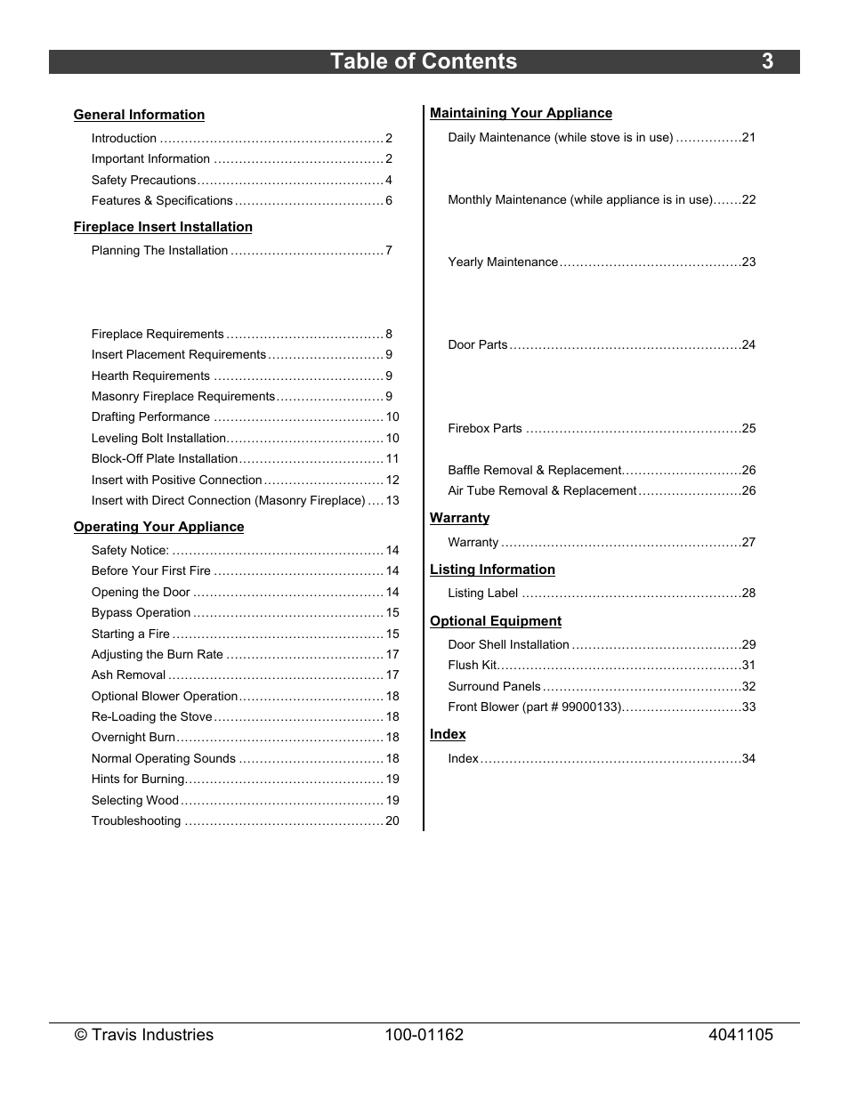 Table of contents 3 | Lopi Freedom Fireplace Insert User Manual | Page 3 / 34