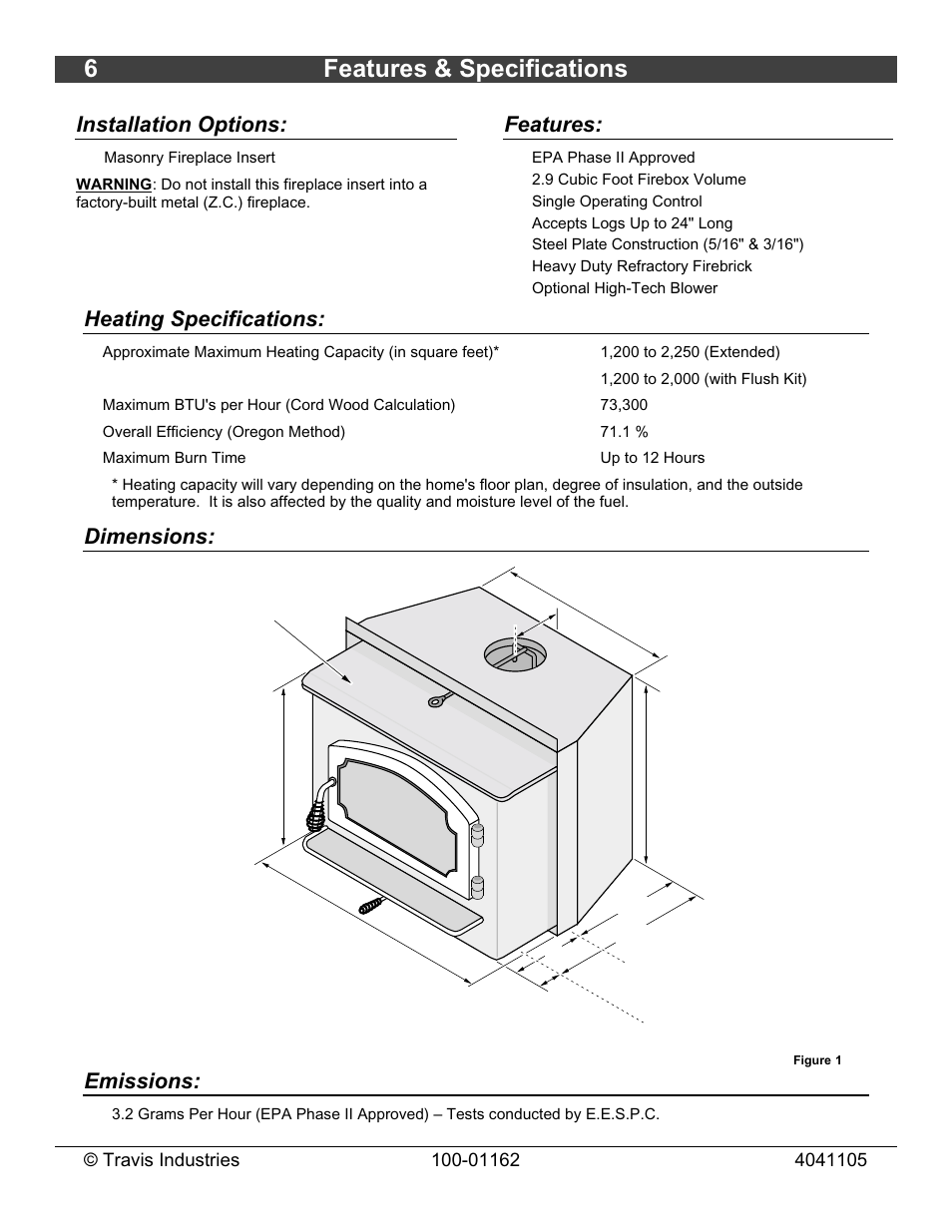 6features & specifications, Installation options, Features | Heating specifications, Dimensions, Emissions | Lopi Freedom Fireplace Insert User Manual | Page 6 / 34