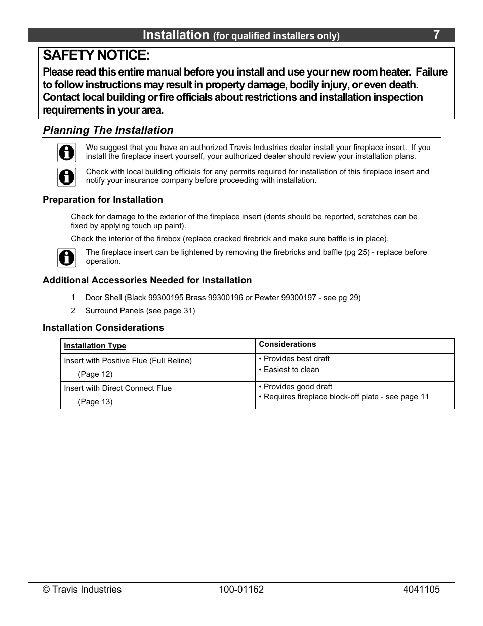 Safety notice, Installation | Lopi Freedom Fireplace Insert User Manual | Page 7 / 34