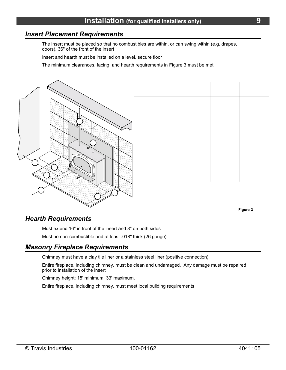 Installation, Minimum clearances, Insert placement requirements | Hearth requirements, Masonry fireplace requirements | Lopi Freedom Fireplace Insert User Manual | Page 9 / 34