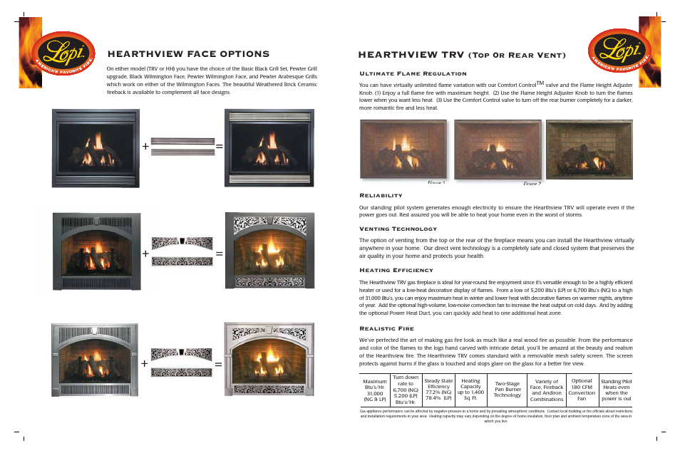 Hearthview face options, Hearthview trv, Top 0r rear vent) | Reliability, Venting technology, Ultimate flame regulation, Heating efficiency, Realistic fire | Lopi Heartview Gas Fireplace User Manual | Page 10 / 16