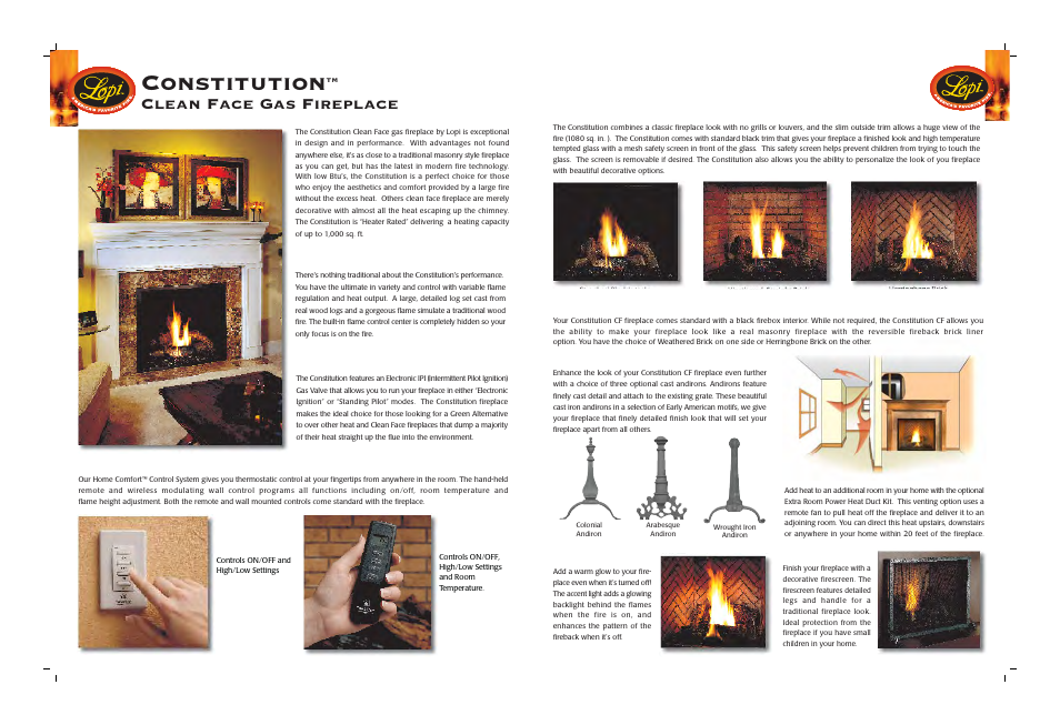 Constitution, Clean face gas fireplace, Convenient, easy operation | Advanced performance, Firescreen, Accent light, Fireplace interior options andirons, Your build-green fireplace, The look of a real fireplace | Lopi Clean Face Gas Fireplace User Manual | Page 3 / 4