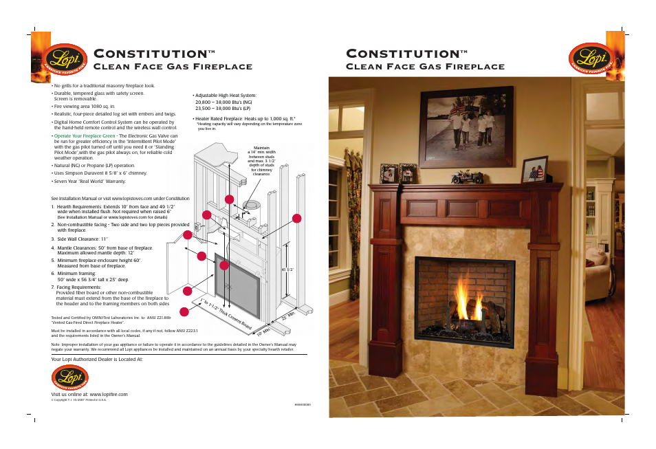 Constitution, Clean face gas fireplace, Gas input & performance | Framing dimensions | Lopi Clean Face Gas Fireplace User Manual | Page 4 / 4