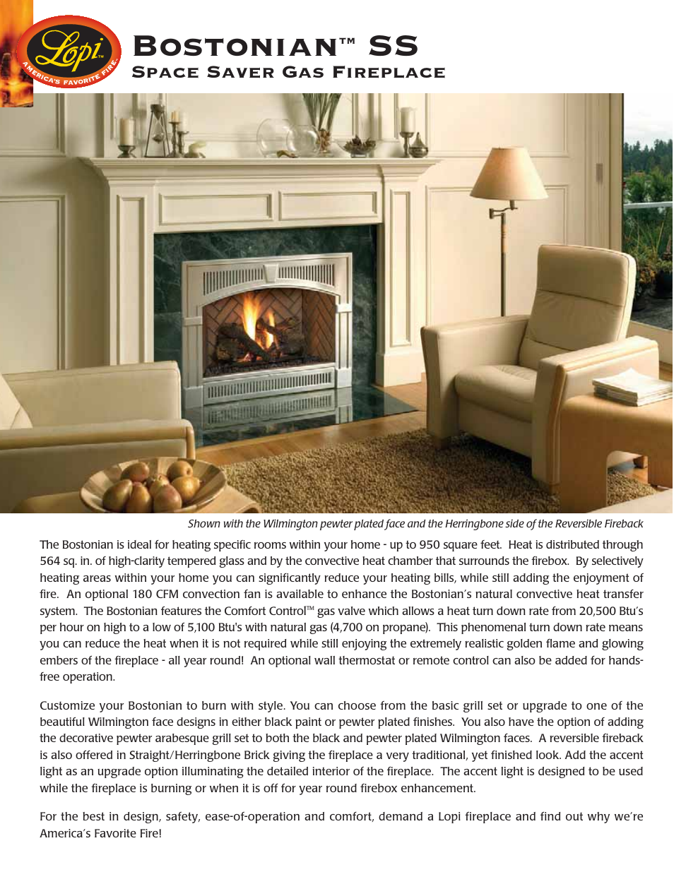 Bostonian, Space saver gas fireplace | Lopi Space Saver Gas Fireplace Bostonian SS User Manual | Page 2 / 4