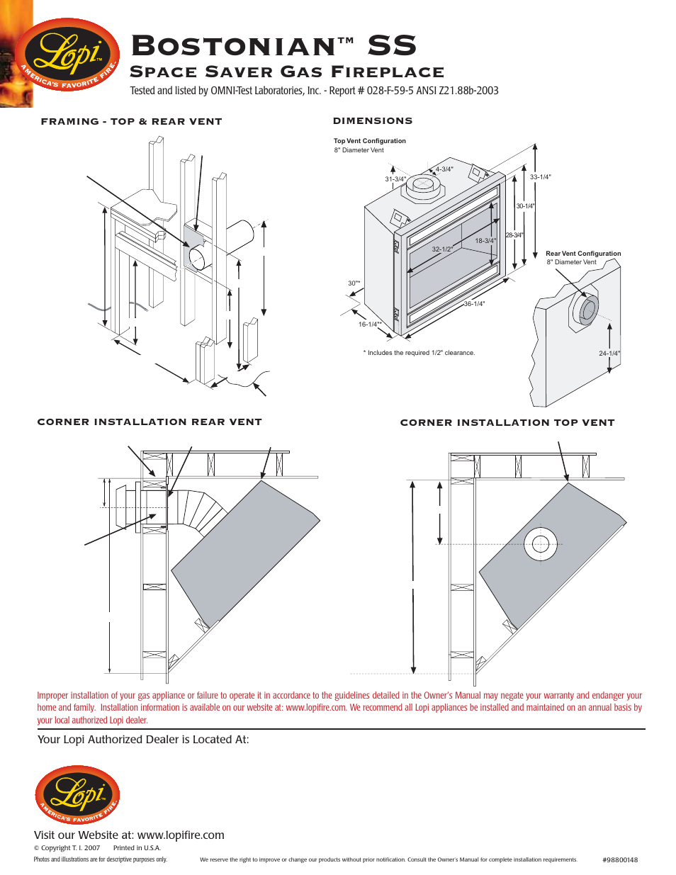 Bostonian, Space saver gas fireplace, Framing - top & rear vent dimensions | Lopi Space Saver Gas Fireplace Bostonian SS User Manual | Page 4 / 4