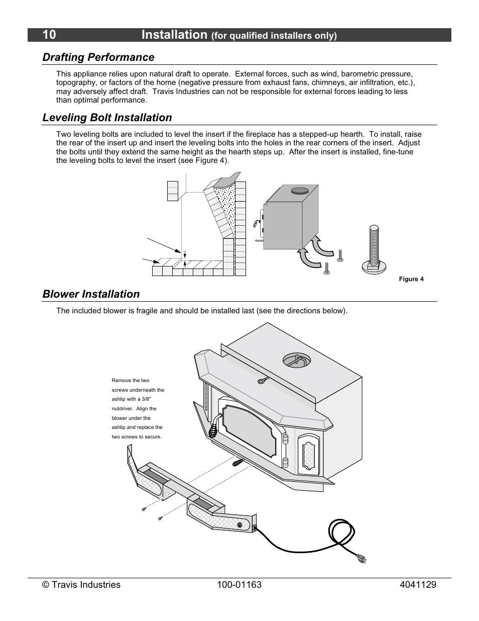 10 installation, Drafting performance, Leveling bolt installation | Blower installation | Lopi Freedom Bay Fireplace Insert User Manual | Page 10 / 32