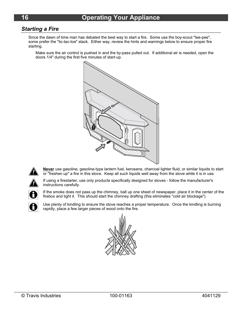 16 operating your appliance, Starting a fire | Lopi Freedom Bay Fireplace Insert User Manual | Page 16 / 32