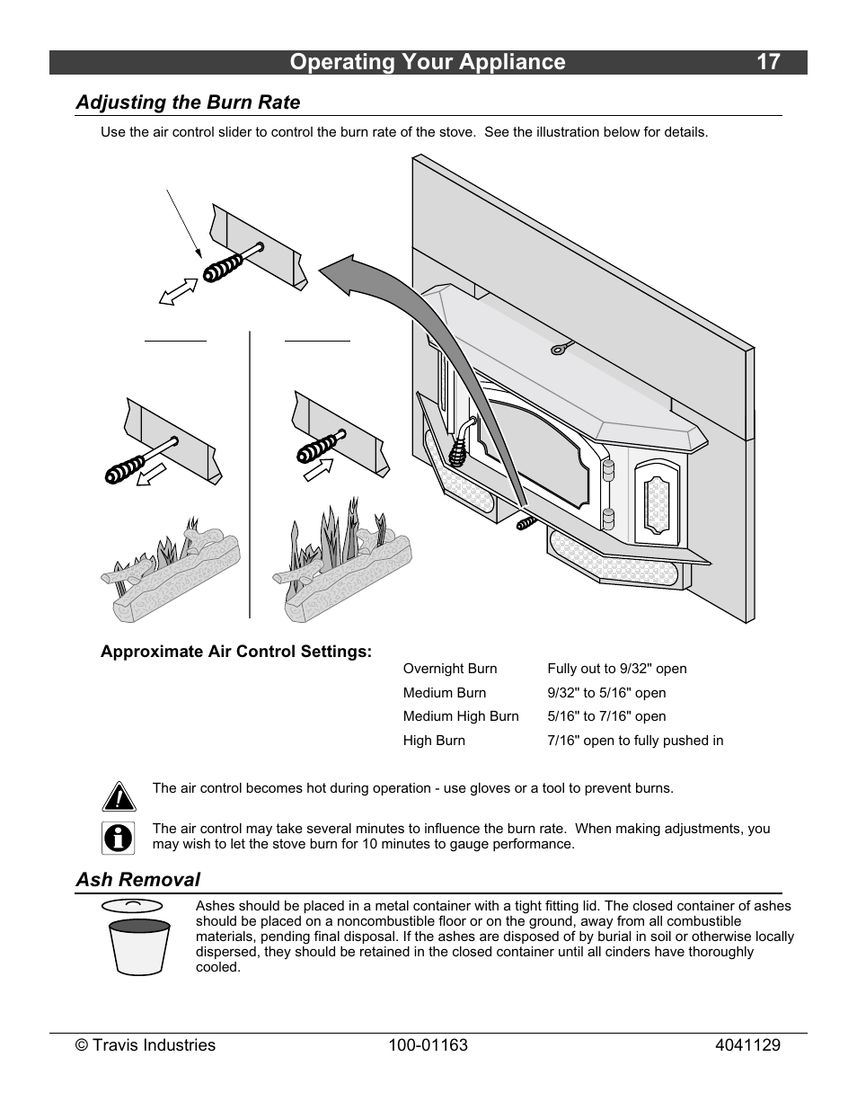Operating your appliance 17, Adjusting the burn rate, Ash removal | Lopi Freedom Bay Fireplace Insert User Manual | Page 17 / 32