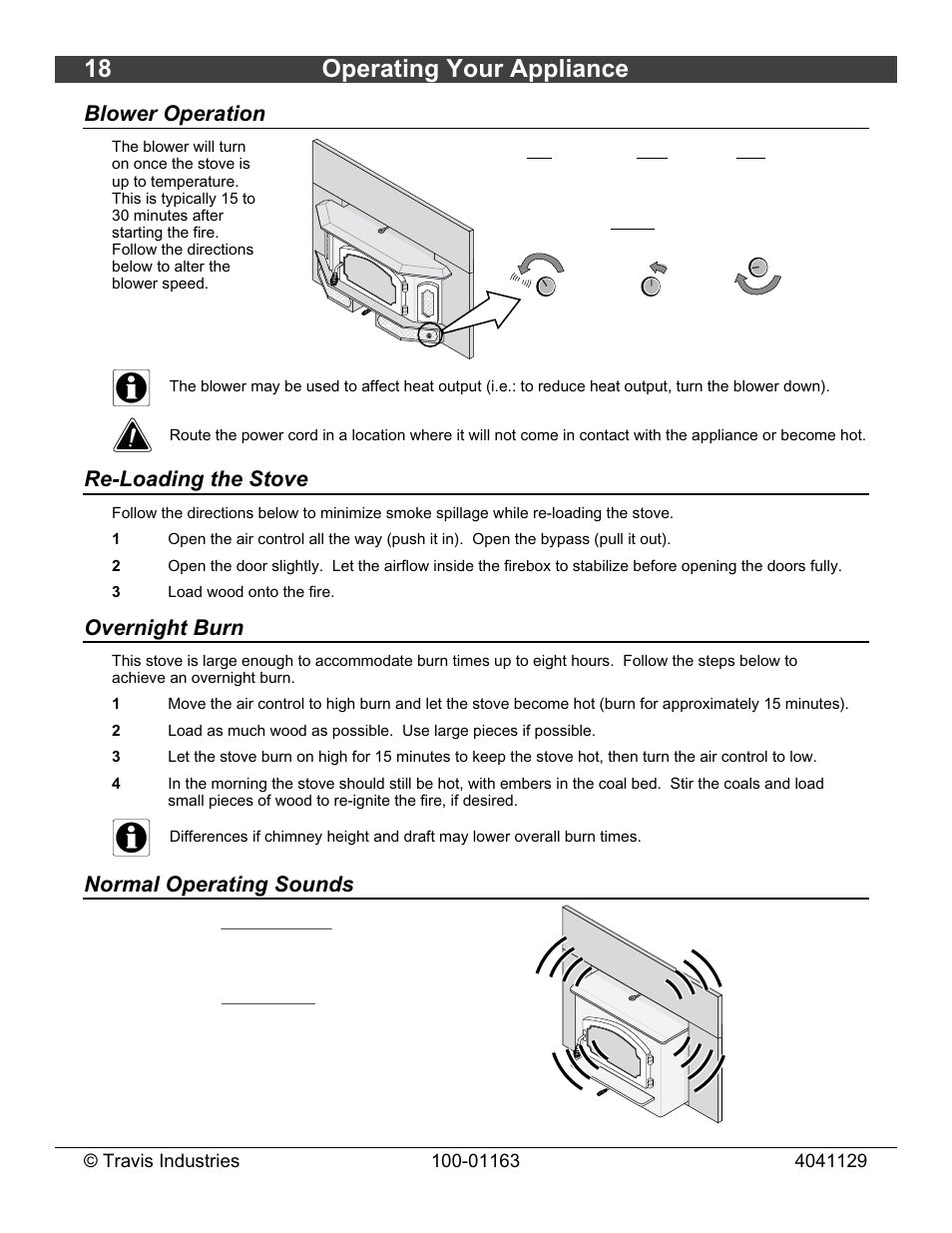 18 operating your appliance, Blower operation, Re-loading the stove | Overnight burn, Normal operating sounds | Lopi Freedom Bay Fireplace Insert User Manual | Page 18 / 32