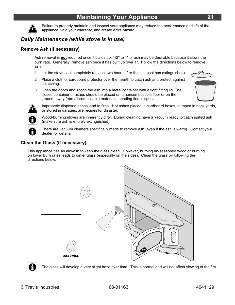Maintaining your appliance 21, Daily maintenance (while stove is in use) | Lopi Freedom Bay Fireplace Insert User Manual | Page 21 / 32