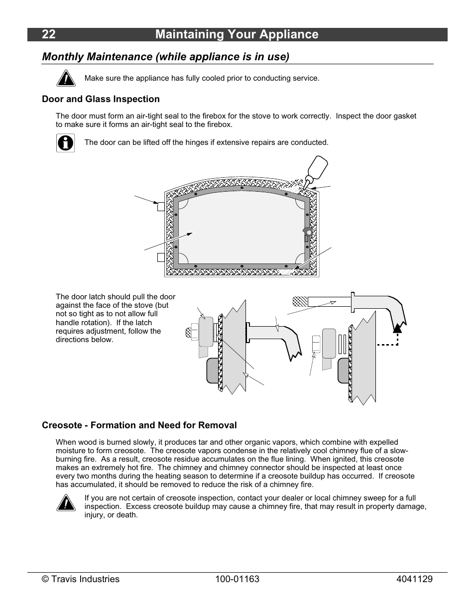 22 maintaining your appliance, Monthly maintenance (while appliance is in use), Door and glass inspection | Creosote - formation and need for removal | Lopi Freedom Bay Fireplace Insert User Manual | Page 22 / 32