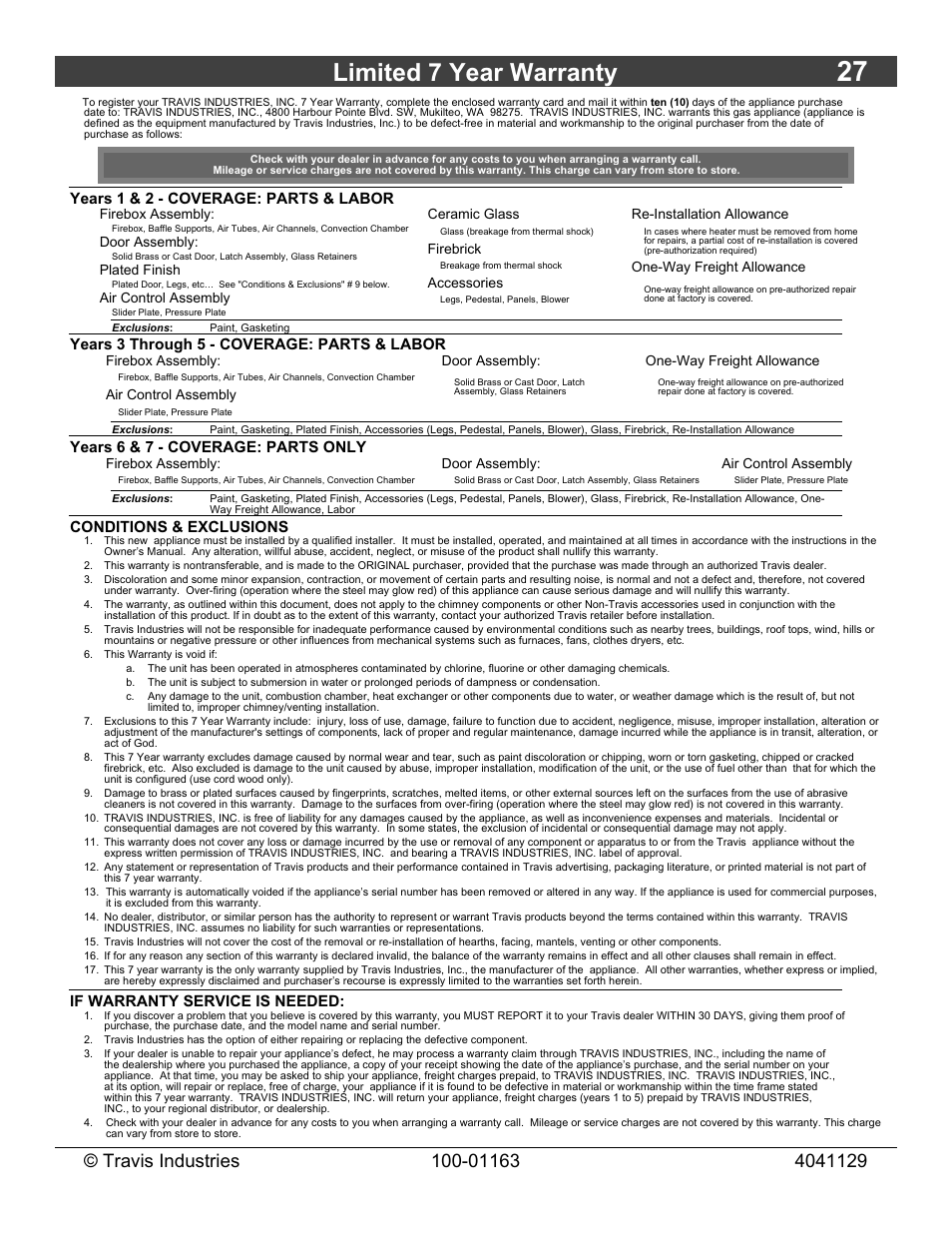 Limited 7 year warranty, Years 1 & 2 - coverage: parts & labor, Years 3 through 5 - coverage: parts & labor | Years 6 & 7 - coverage: parts only, Conditions & exclusions, If warranty service is needed | Lopi Freedom Bay Fireplace Insert User Manual | Page 27 / 32