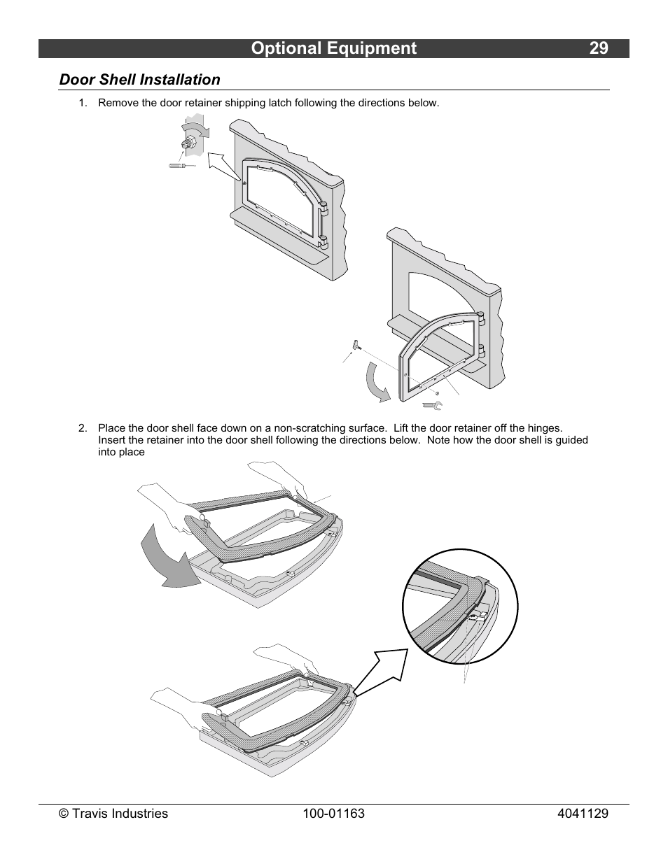 Optional equipment 29, Door shell installation | Lopi Freedom Bay Fireplace Insert User Manual | Page 29 / 32