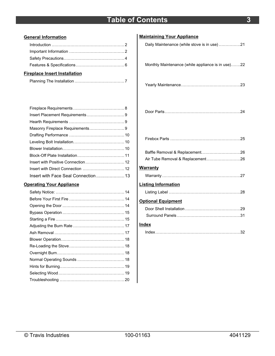 Table of contents 3 | Lopi Freedom Bay Fireplace Insert User Manual | Page 3 / 32