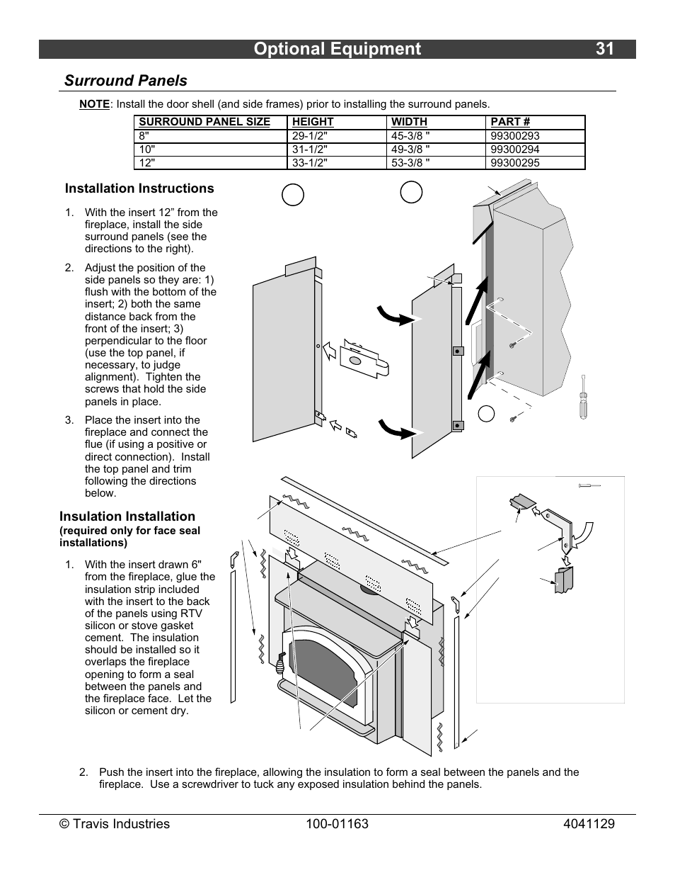 Optional equipment 31, Surround panels, Installation instructions | Insulation installation | Lopi Freedom Bay Fireplace Insert User Manual | Page 31 / 32