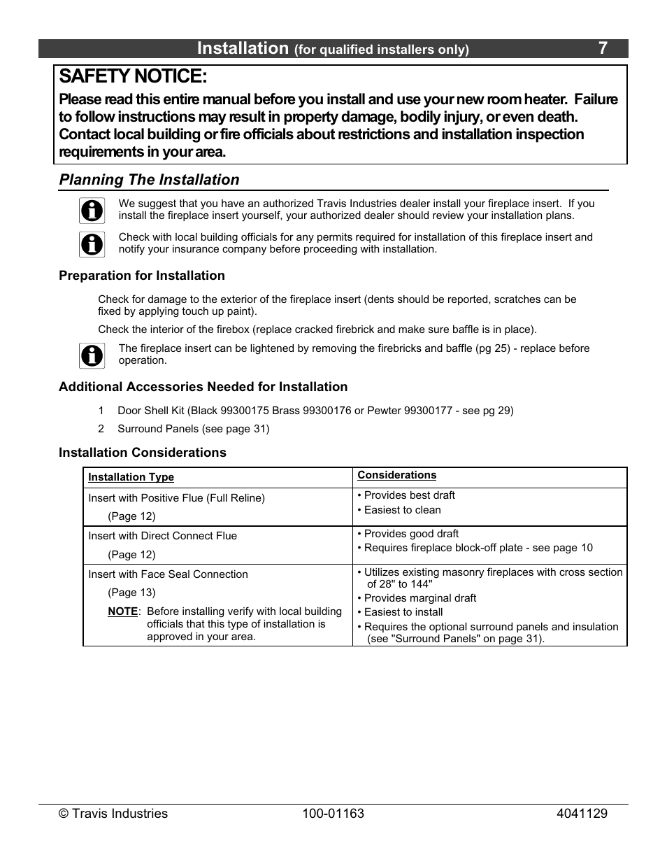 Safety notice, Installation | Lopi Freedom Bay Fireplace Insert User Manual | Page 7 / 32