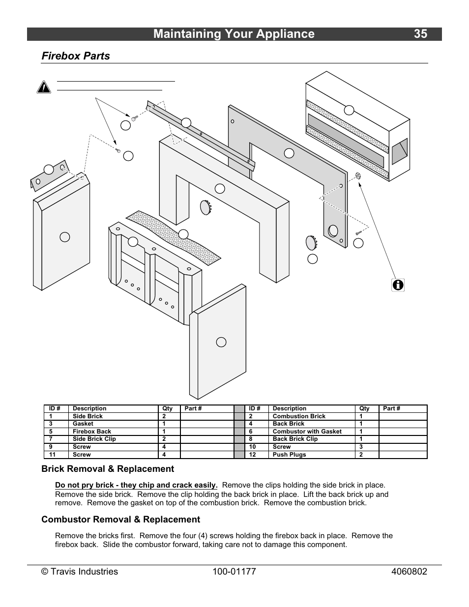 Maintaining your appliance 35, Firebox parts, Brick removal & replacement | Combustor removal & replacement | Lopi Leyden 028-S-75-2 User Manual | Page 35 / 40