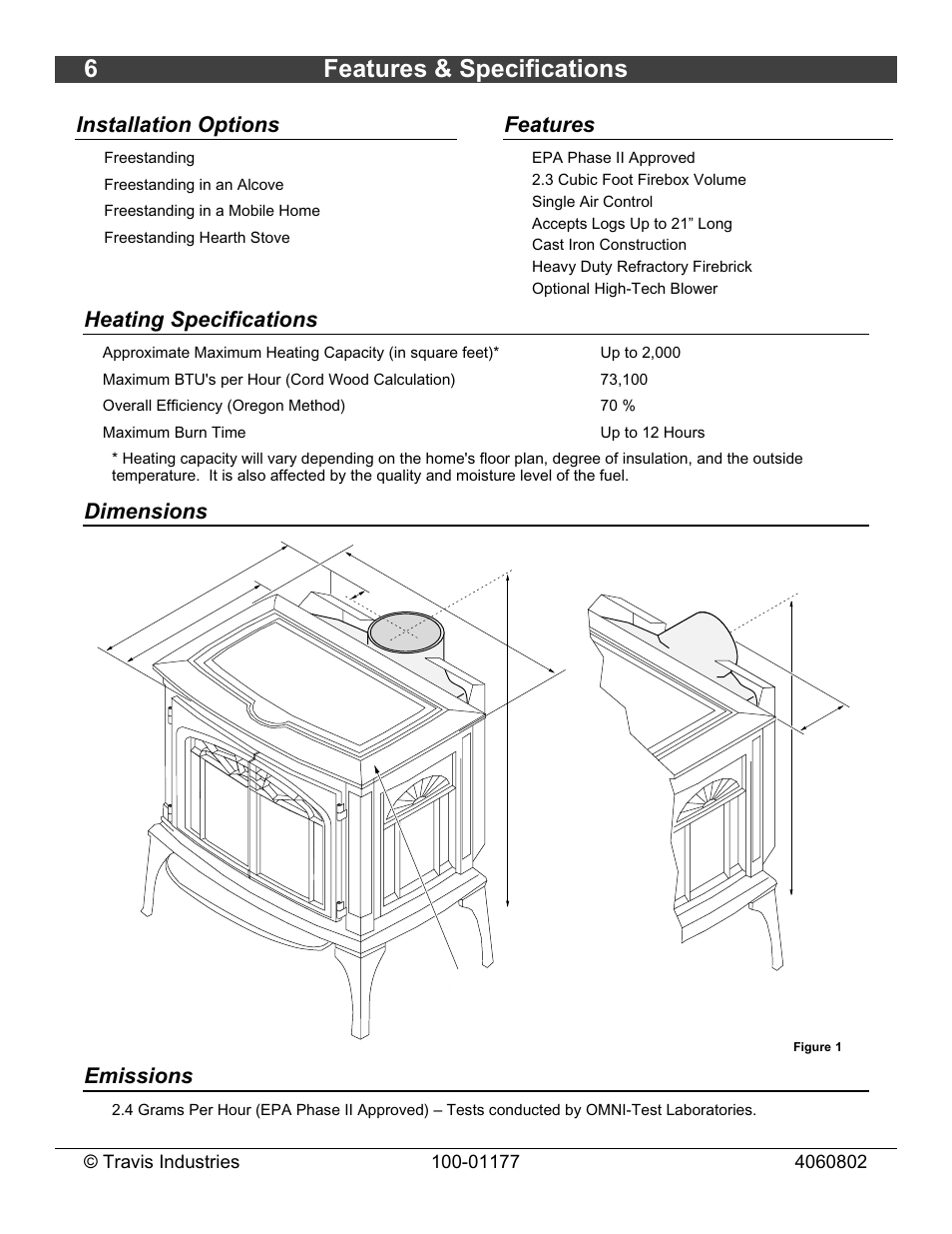 6features & specifications, Installation options, Features | Heating specifications, Dimensions, Emissions | Lopi Leyden 028-S-75-2 User Manual | Page 6 / 40
