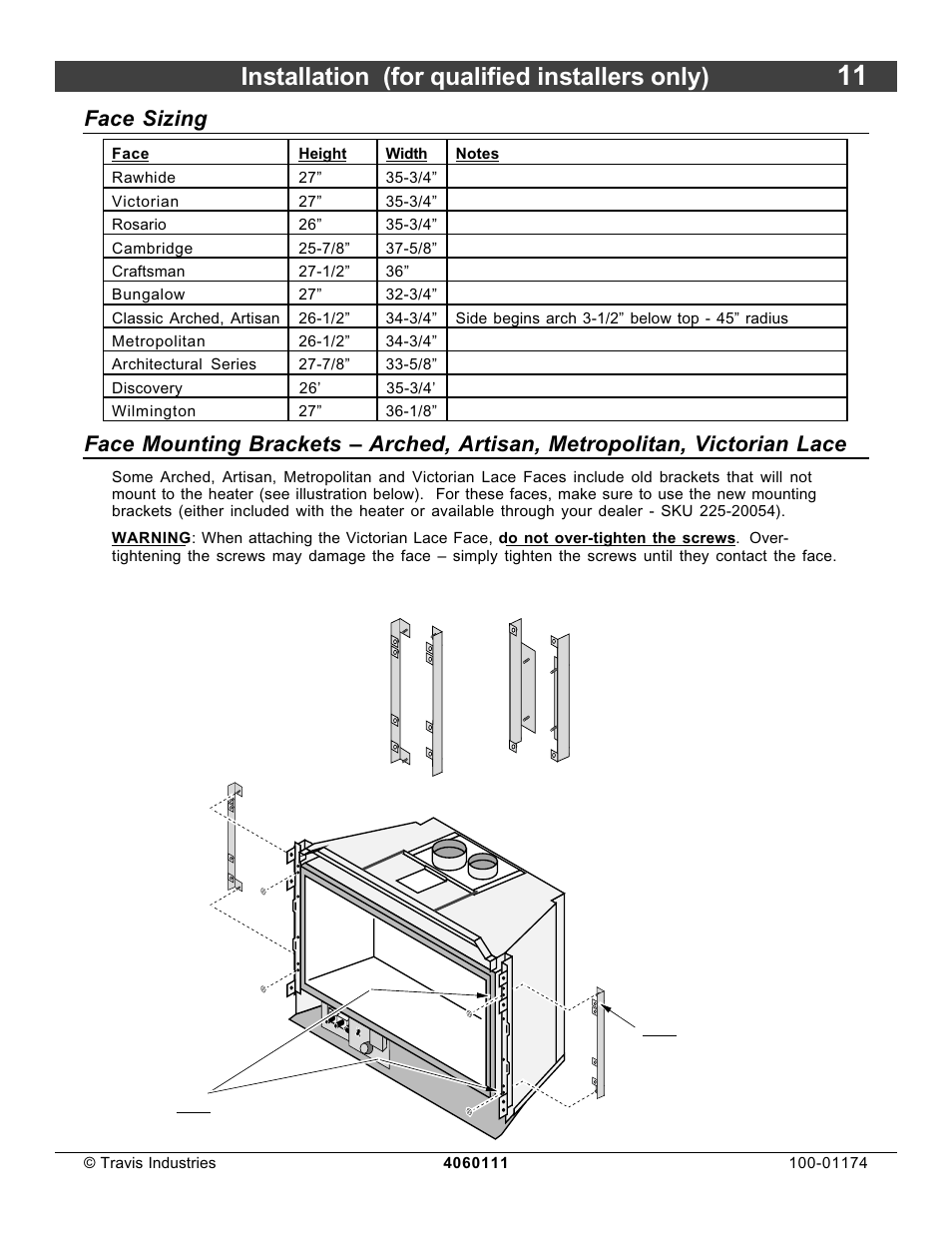 Installation (for qualified installers only), Face sizing | Lopi DVL Insert EF II User Manual | Page 11 / 44