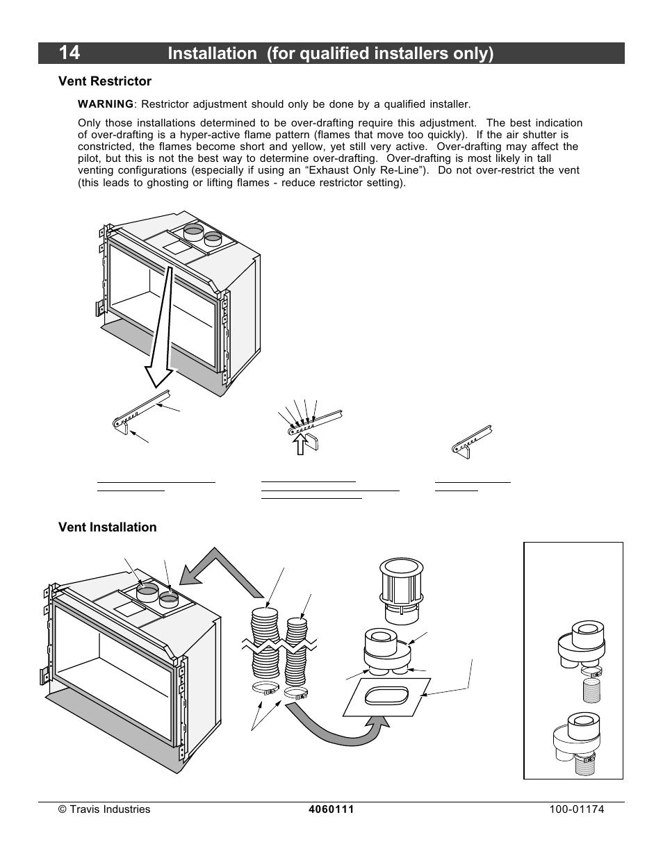 Installation (for qualified installers only), Vent restrictor, Vent installation | Lopi DVL Insert EF II User Manual | Page 14 / 44