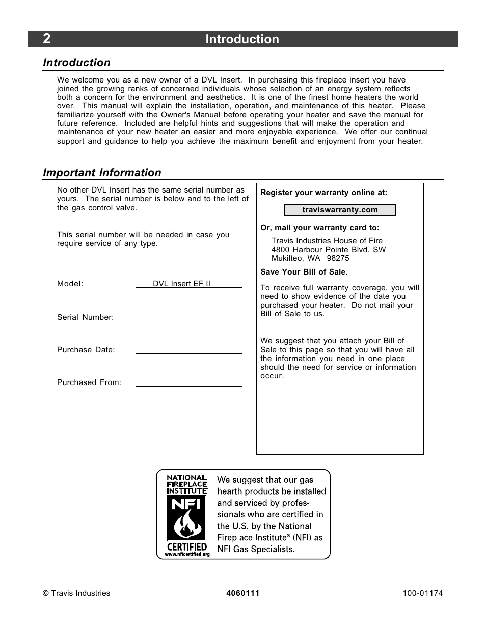 Introduction, Important information | Lopi DVL Insert EF II User Manual | Page 2 / 44