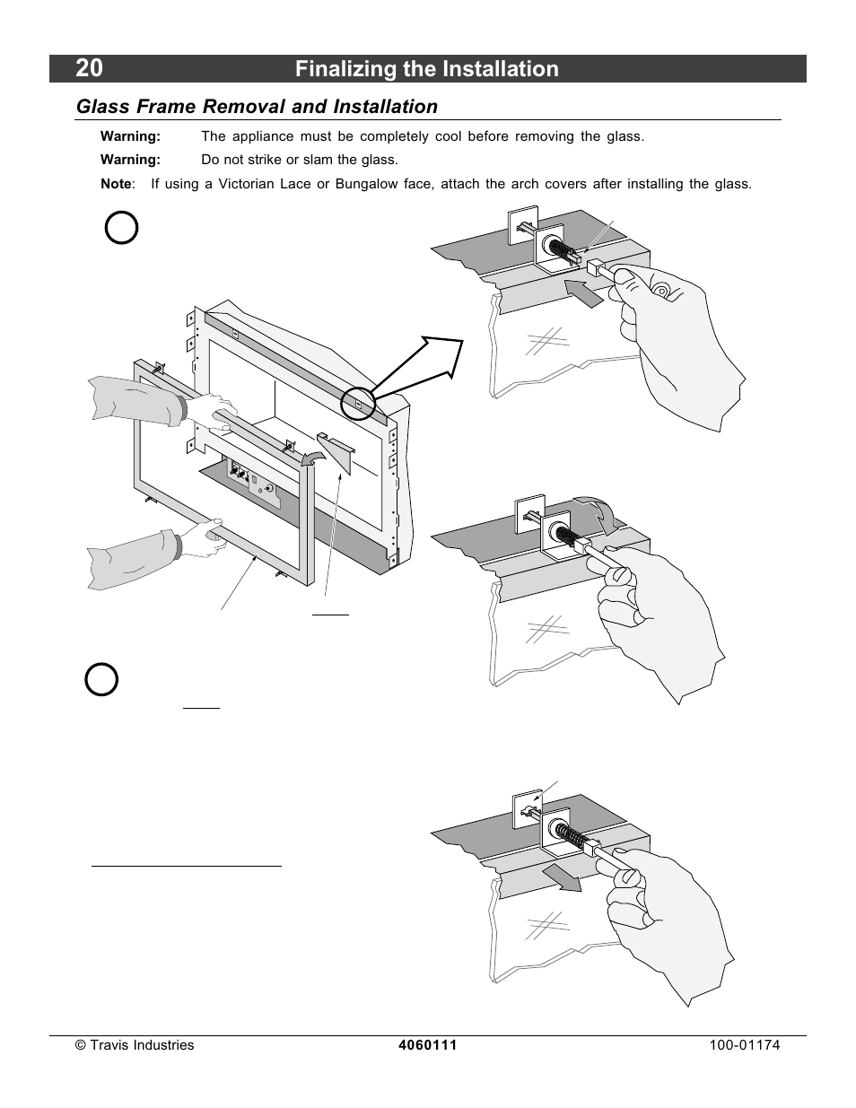 Finalizing the installation, Glass frame removal and installation | Lopi DVL Insert EF II User Manual | Page 20 / 44