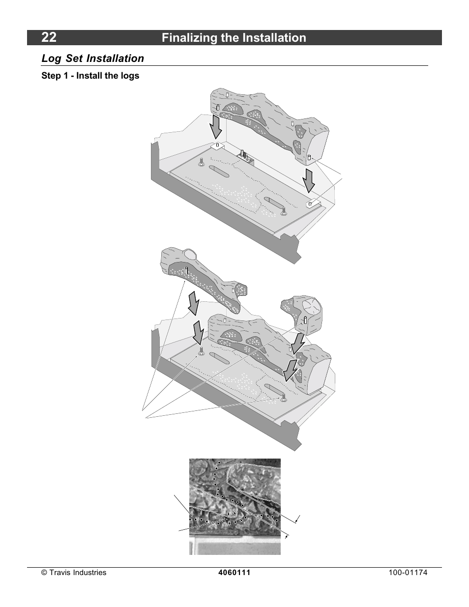 Finalizing the installation, Top view, Log set installation | Lopi DVL Insert EF II User Manual | Page 22 / 44