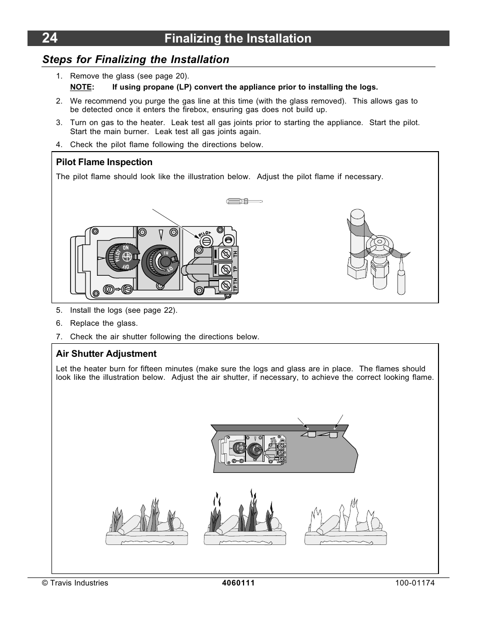 Finalizing the installation, Steps for finalizing the installation, Pilot flame inspection | Air shutter adjustment | Lopi DVL Insert EF II User Manual | Page 24 / 44
