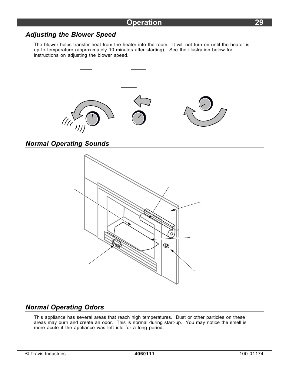 Operation 29, Adjusting the blower speed, Normal operating sounds | Normal operating odors | Lopi DVL Insert EF II User Manual | Page 29 / 44