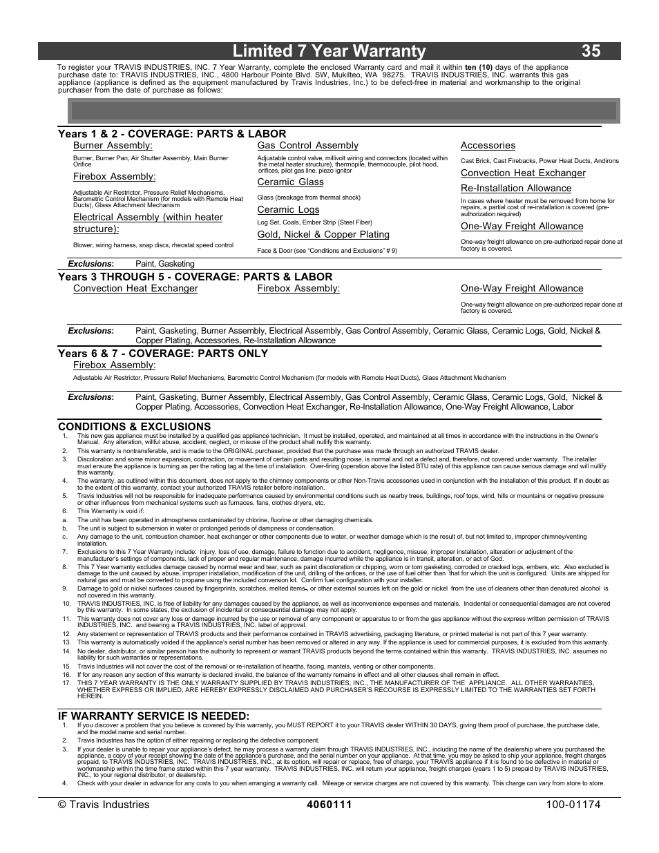 Limited 7 year warranty 35, Years 1 & 2 - coverage: parts & labor, Years 3 through 5 - coverage: parts & labor | Years 6 & 7 - coverage: parts only, Conditions & exclusions, If warranty service is needed | Lopi DVL Insert EF II User Manual | Page 35 / 44