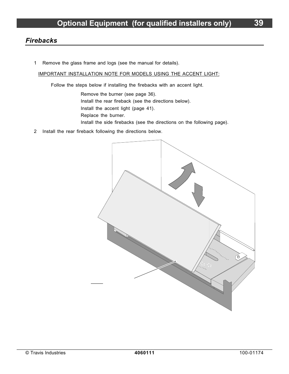 Optional equipment (for qualified installers only), Firebacks | Lopi DVL Insert EF II User Manual | Page 39 / 44