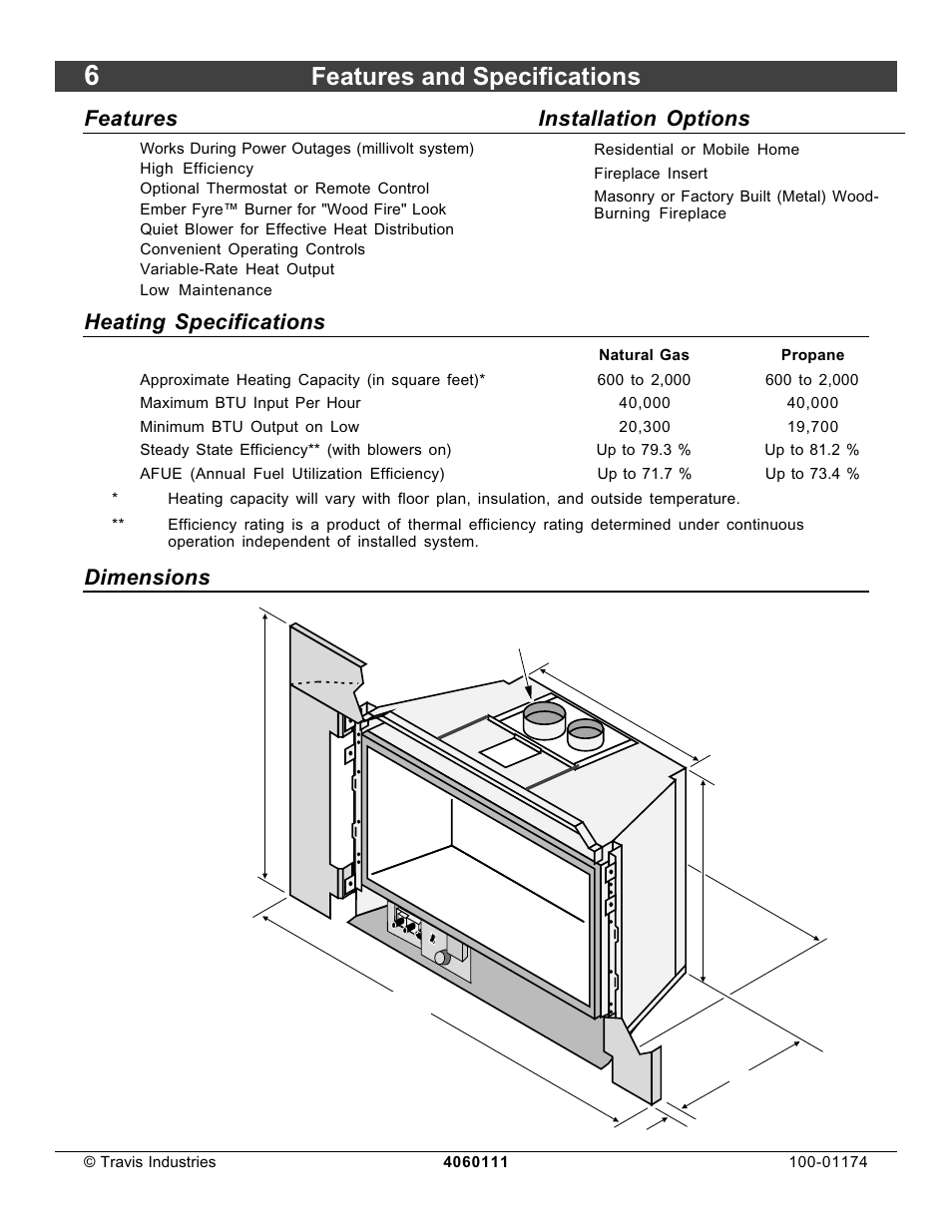 Features and specifications, Features, Installation options | Heating specifications, Dimensions | Lopi DVL Insert EF II User Manual | Page 6 / 44