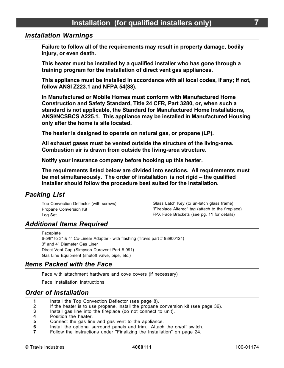 Installation (for qualified installers only), Installation warnings, Packing list | Additional items required, Items packed with the face, Order of installation | Lopi DVL Insert EF II User Manual | Page 7 / 44