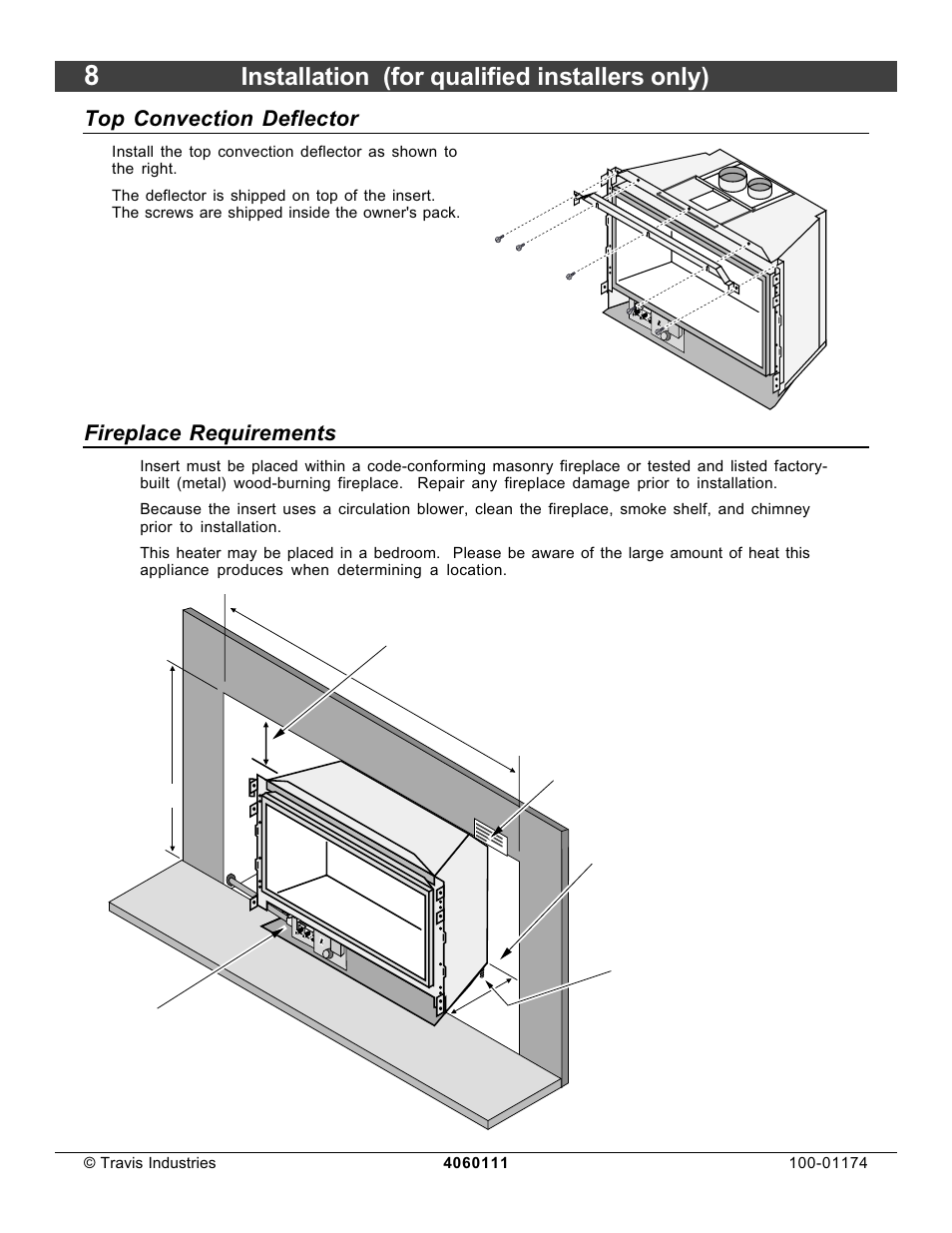 Installation (for qualified installers only), Top convection deflector, Fireplace requirements | Lopi DVL Insert EF II User Manual | Page 8 / 44