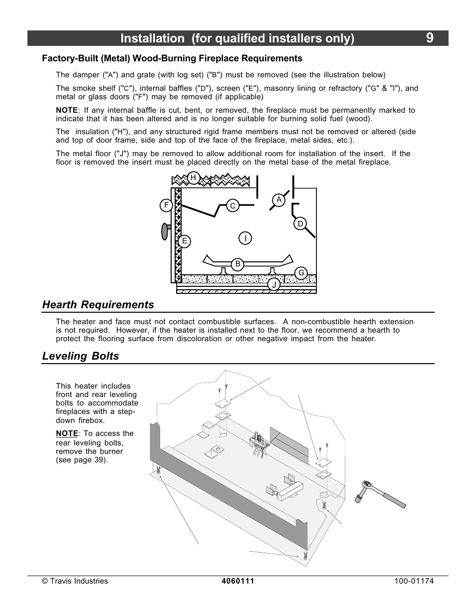 Installation (for qualified installers only), Hearth requirements, Leveling bolts | Lopi DVL Insert EF II User Manual | Page 9 / 44