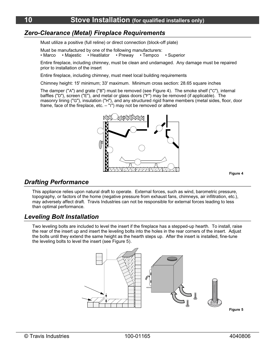 10 stove installation, Zero-clearance (metal) fireplace requirements, Drafting performance | Leveling bolt installation | Lopi Revere User Manual | Page 10 / 34