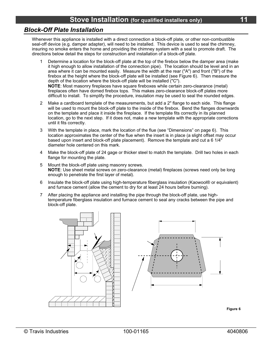 Stove installation, Block-off plate installation | Lopi Revere User Manual | Page 11 / 34