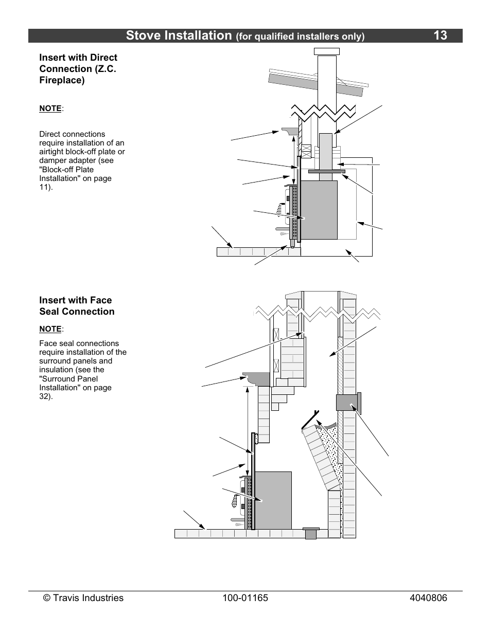 Stove installation, For qualified installers only), Insert with face seal connection | Lopi Revere User Manual | Page 13 / 34