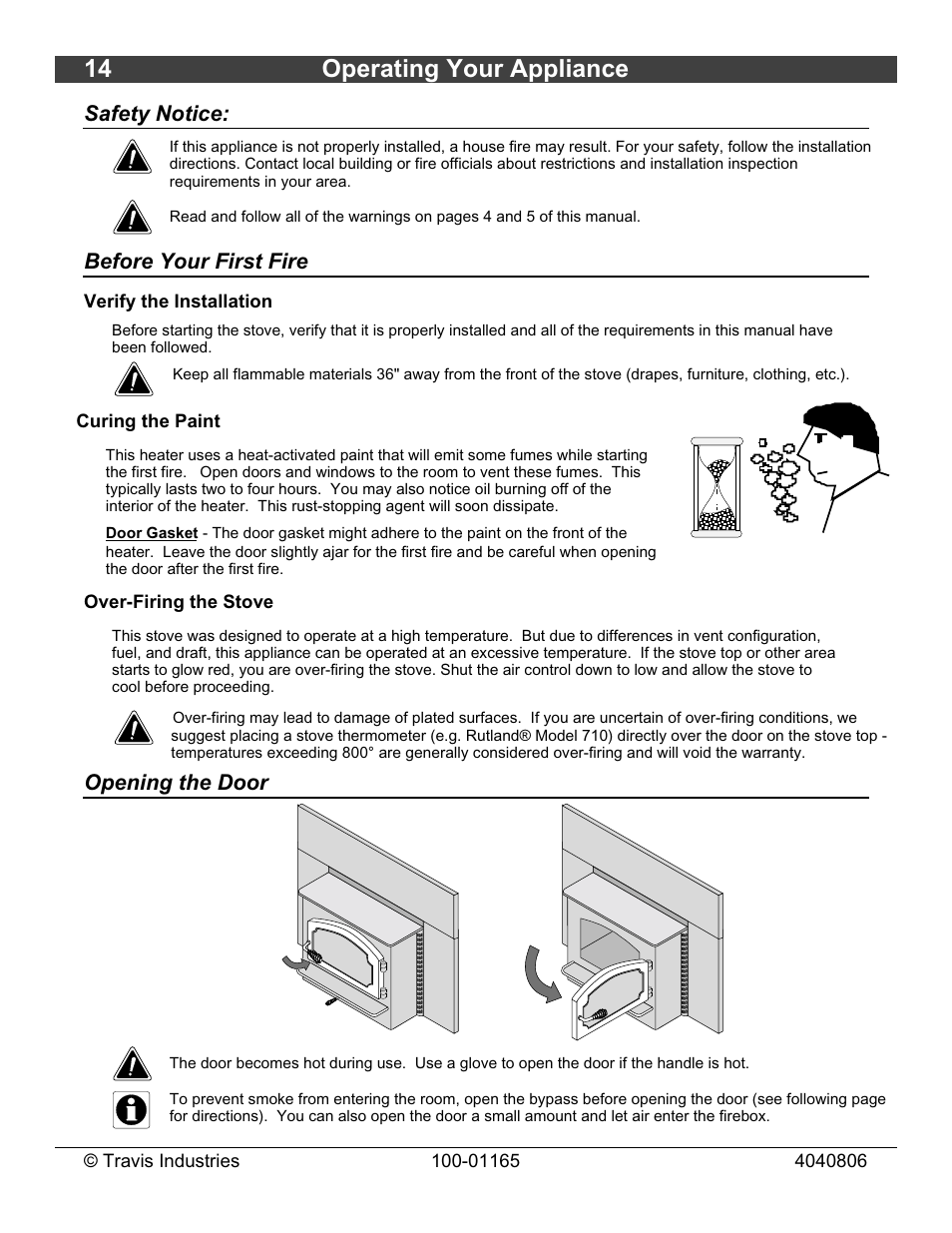 14 operating your appliance, Safety notice, Before your first fire | Opening the door | Lopi Revere User Manual | Page 14 / 34