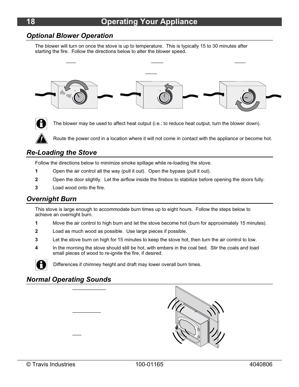 18 operating your appliance, Optional blower operation, Re-loading the stove | Overnight burn, Normal operating sounds | Lopi Revere User Manual | Page 18 / 34