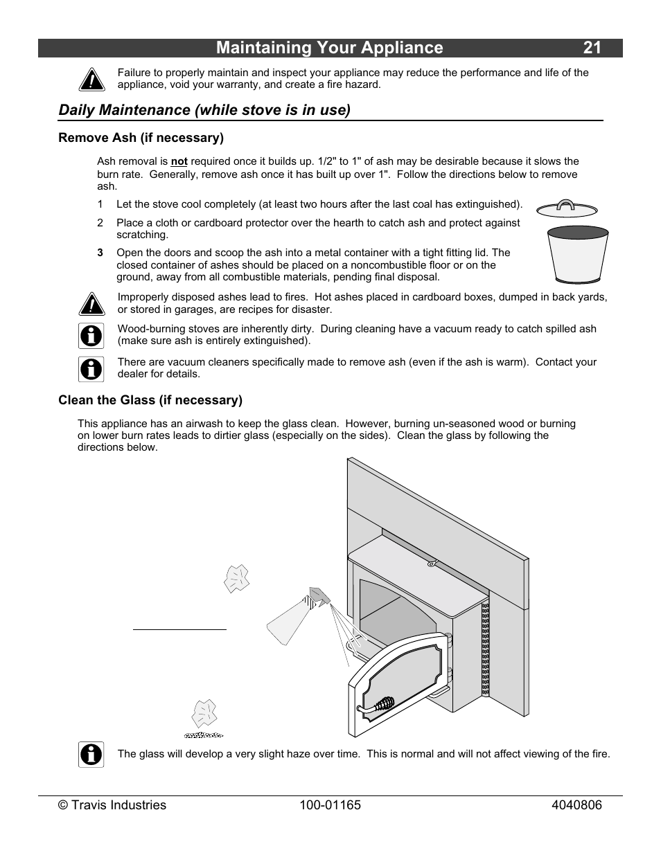 Maintaining your appliance 21, Daily maintenance (while stove is in use) | Lopi Revere User Manual | Page 21 / 34