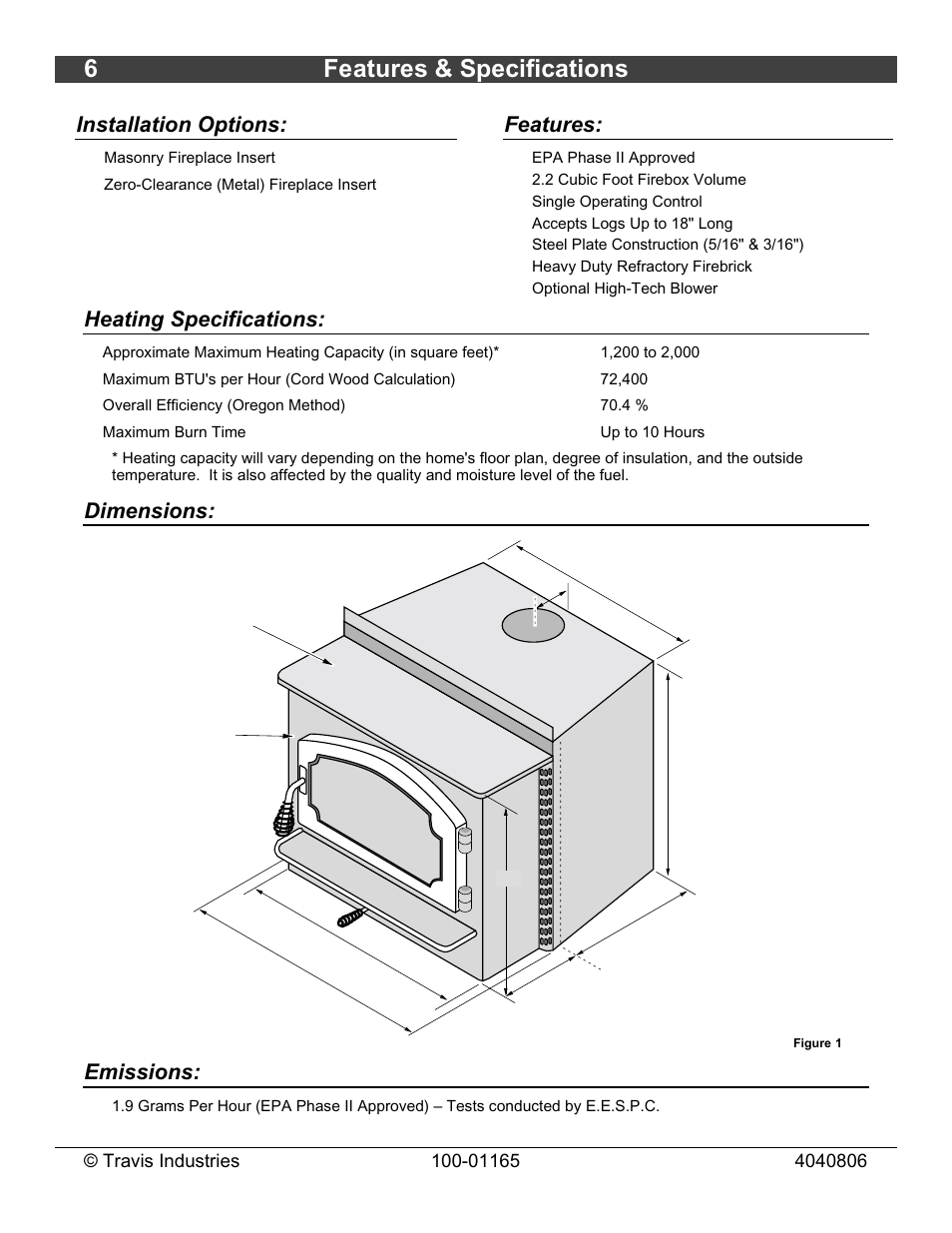 6features & specifications, Installation options, Features | Heating specifications, Dimensions, Emissions | Lopi Revere User Manual | Page 6 / 34