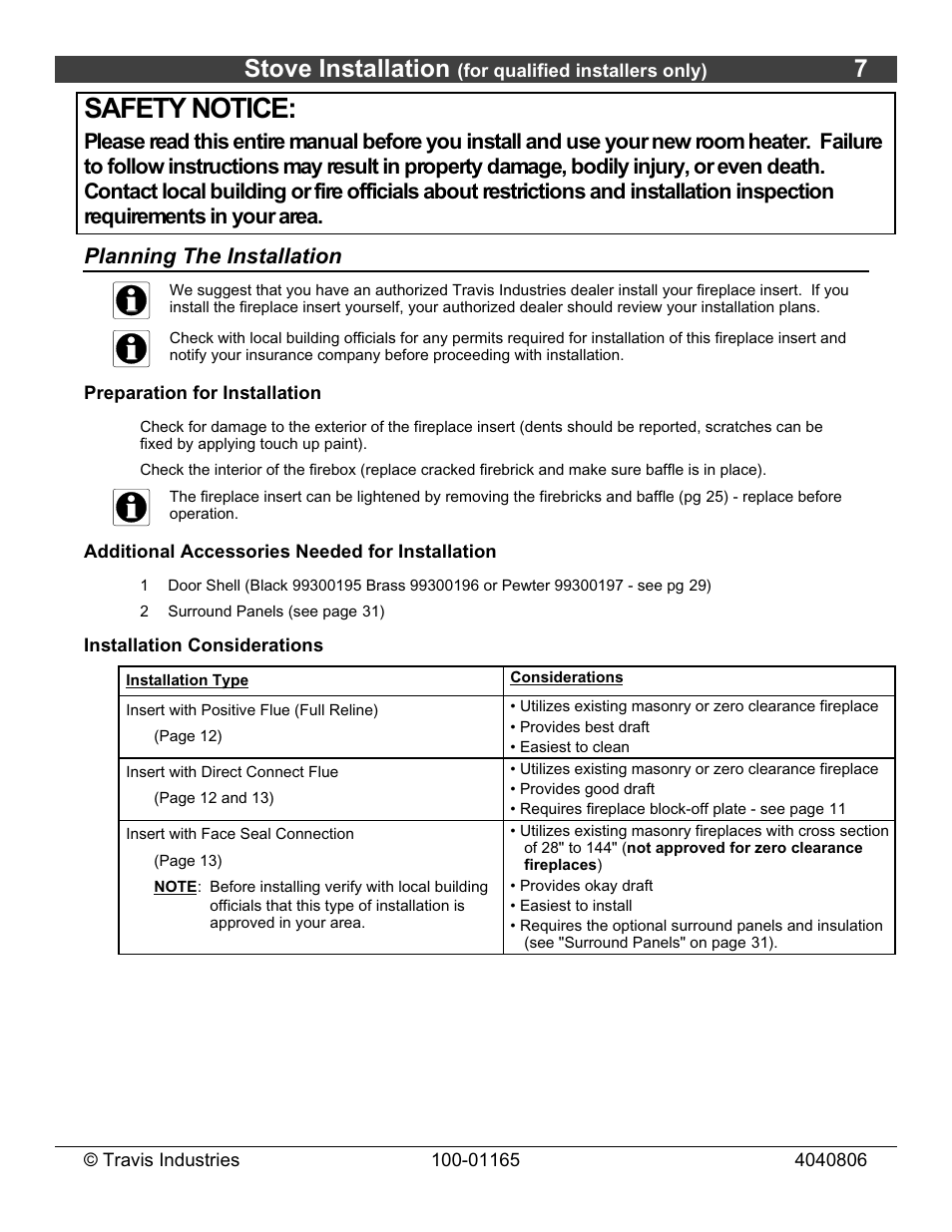 Safety notice, Stove installation | Lopi Revere User Manual | Page 7 / 34