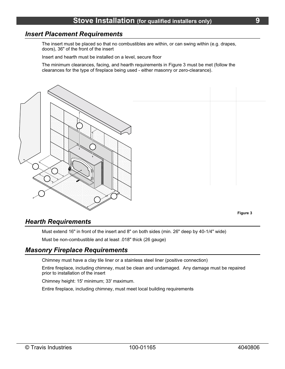 Stove installation, Minimum clearances, Insert placement requirements | Hearth requirements, Masonry fireplace requirements | Lopi Revere User Manual | Page 9 / 34