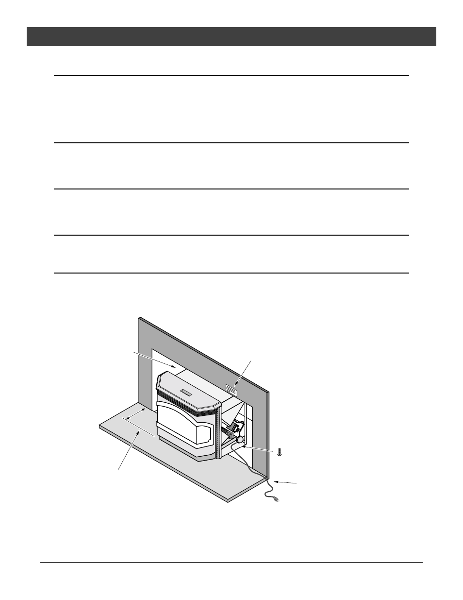 Installation, Clearances, Mantel requirements | Hearth requirements, Facing requirements, Placing the insert | Lopi Masonry Fireplace Factory Built (Metal) Fireplace Mobile Home Model: Pioneer Bay (Heritage Bay PI) User Manual | Page 9 / 38